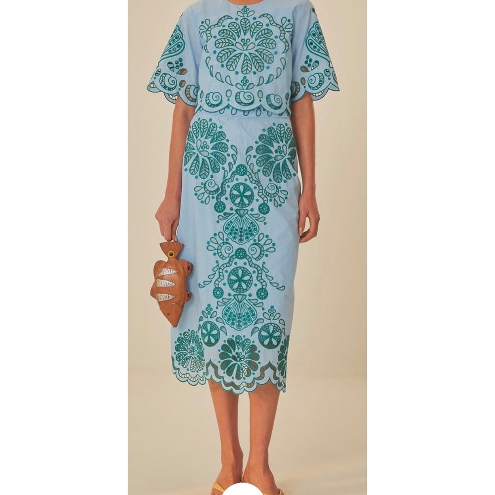 Farm Rio Blue Green Seashell Embroidered Scalloped Midi Skirt large